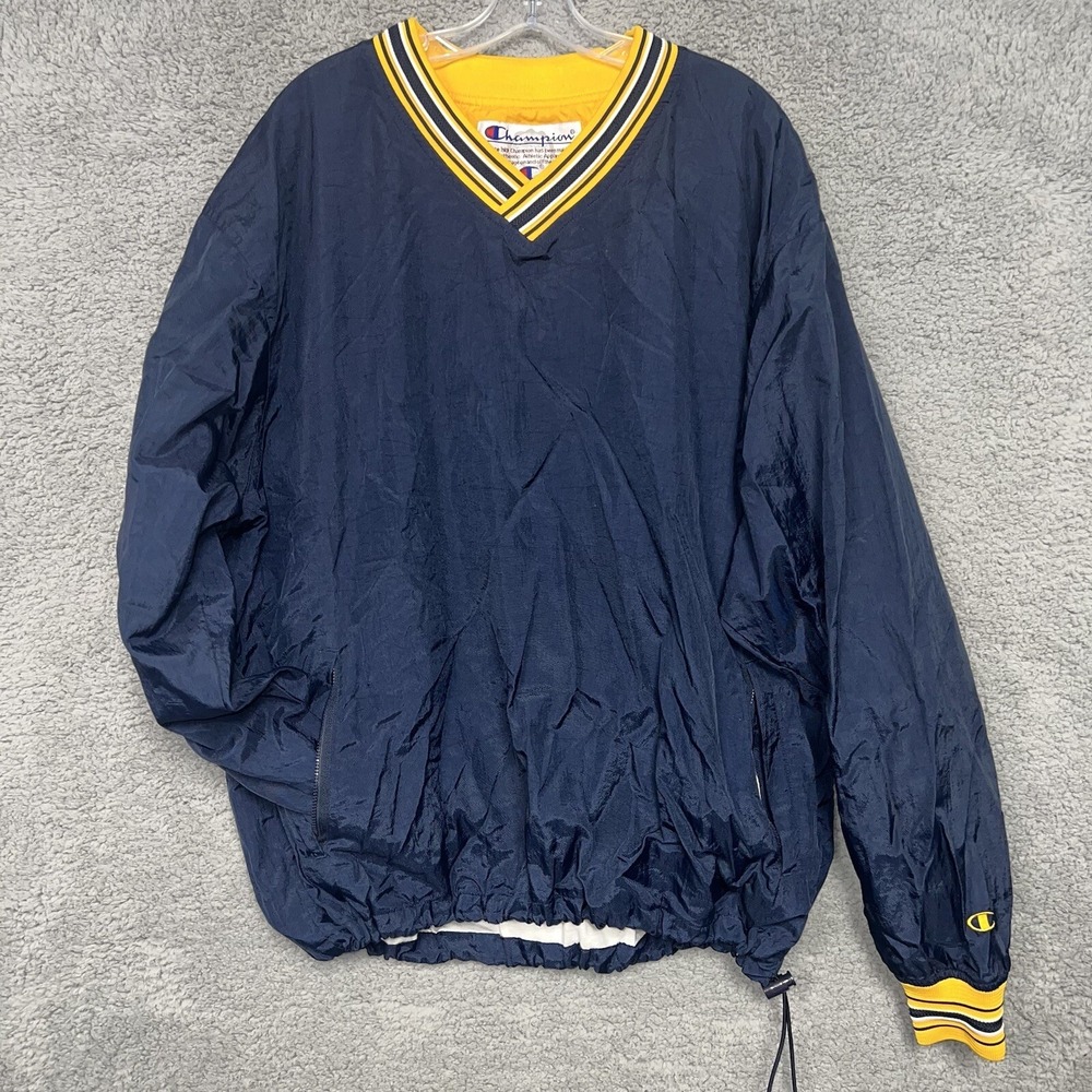 VTG Champion Windbreaker Mens L Michigan Blue V-Neck Sweater Jacket Pullover 90s